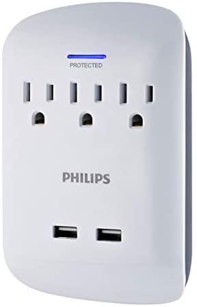 Philips 3-Outlet Extender with 2-USB Port Surge Protector, Charging Station