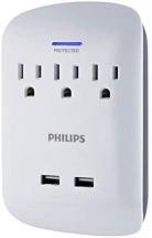 Philips 3-Outlet Extender with 2-USB Port Surge Protector, Charging Station