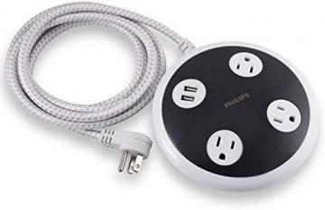 Philips 3 Outlet 2 USB Surge Protector Orb, 8 ft Braided Extension Cord, Flat Plug