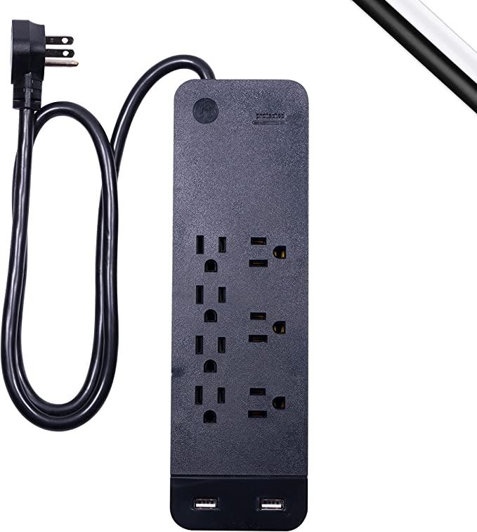 GE Pro 7-Outlet Surge Protector, 2 USB Ports, 3 Ft Extension Cord