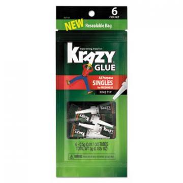 Krazy All-Purpose Super Glue Single-Use Tubes, 0.02 oz, Dries Clear, 6/Pack