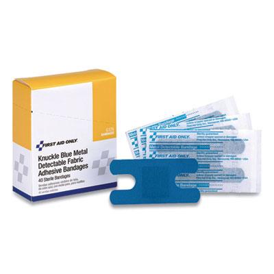 First Aid Only Blue Metal Detectable Fabric Adhesive Bandages, Four-Wing Knuckle, 1.5" x 3", 40/Box