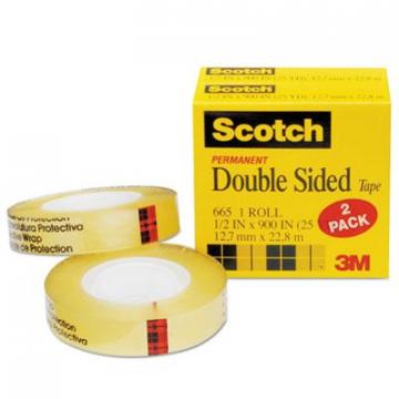 3M Scotch Double-Sided Tape, 1" Core, 0.5" x 75 ft, Clear, 2/Pack