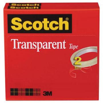 3M Scotch Transparent Tape, 3" Core, 0.5" x 72 yds, Transparent, 2/Pack