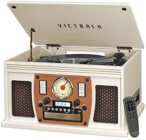 Victrola 8-in-1 Bluetooth Record Player & Multimedia Center, Built-in Stereo Speakers, White
