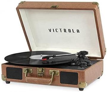 Victrola Vintage 3-Speed Bluetooth Portable Suitcase Record Player with Built-in Speakers, Brown