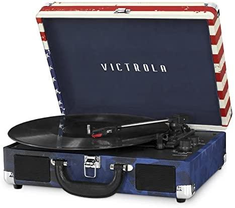 Victrola Vintage 3-Speed Bluetooth Portable Suitcase Record Player with Speakers, American Flag