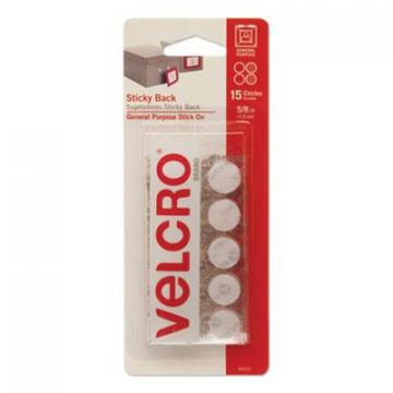 Velcro Sticky-Back Fasteners, Removable Adhesive, 0.63" dia, White, 15/Pack