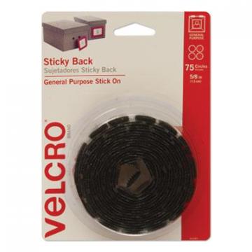 Velcro Sticky-Back Fasteners, Removable Adhesive, 0.63" dia, Black, 75/Pack