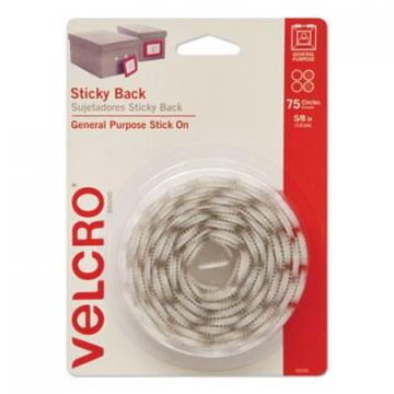 Velcro Sticky-Back Fasteners, Removable Adhesive, 0.63" dia, White, 75/Pack
