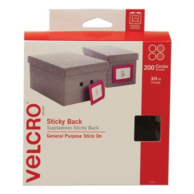 Velcro Sticky-Back Fasteners, Removable Adhesive, 0.75" dia, Black, 200/Box