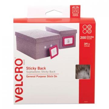 Velcro Sticky-Back Fasteners, Removable Adhesive, 0.75" dia, White, 200/Box