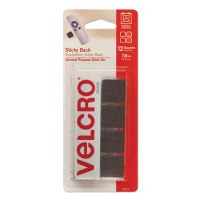 Velcro Sticky-Back Fasteners, Removable Adhesive, 0.88" x 0.88", Black, 12/Pack