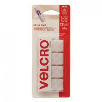 Velcro Sticky-Back Fasteners, Removable Adhesive, 0.88" x 0.88", White, 12/Pack
