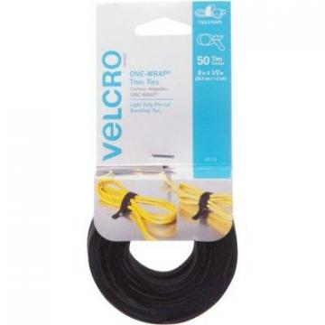 Velcro ONE-WRAP Pre-Cut Thin Ties, 0.5" x 8", Black, 50/Pack