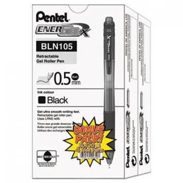Pentel EnerGel-X Retractable Gel Pen, 0.5 mm Needle Tip, Black Ink/Barrel, 24/Pack