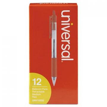 Universal Comfort Grip Retractable Ballpoint Pen, Medium 1mm, Red Ink, Clear Barrel, Dozen