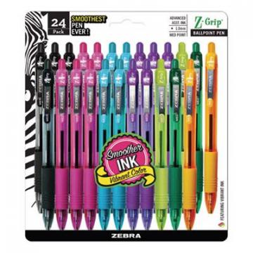 Zebra Z-Grip Retractable Ballpoint Pen, 1mm, Assorted Ink, Clear Barrel, 24/Pack