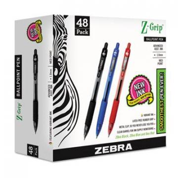 Zebra Z-Grip Retractable Ballpoint Pen, Medium 1mm, Assorted Ink/Barrel, 48/Pack