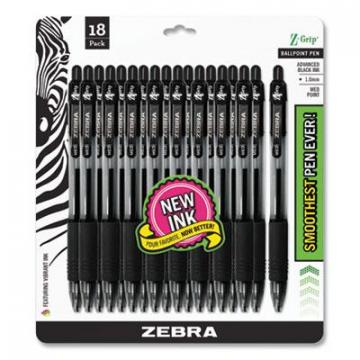 Zebra Z-Grip Retractable Ballpoint Pen, Medium 1 mm, Black Ink, Clear Barrel, 18/Pack