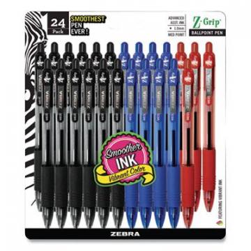 Zebra Z-Grip Retractable Ballpoint Pen, Medium 1 mm, Assorted Ink/Barrel, 24/Pack
