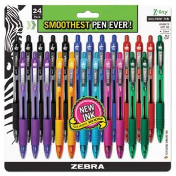 Zebra Z-Grip Retractable Ballpoint Pen, 1 mm, Assorted Ink, Clear Barrel, 24/Pack