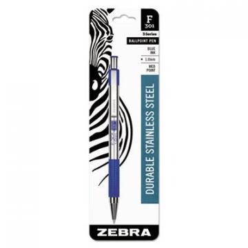 Zebra F-301 Retractable Ballpoint Pen, 1 mm, Blue Ink, Stainless Steel/Blue Barrel