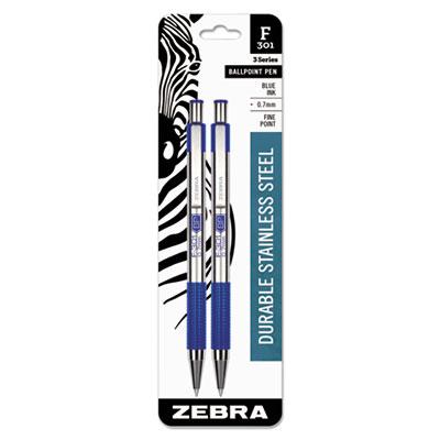Zebra F-301 Retractable Ballpoint Pen, 0.7 mm, Blue Ink, Stainless Steel/Blue Barrel, 2/Pack