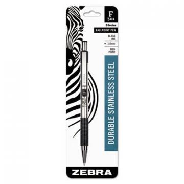 Zebra F-301 Retractable Ballpoint Pen, 1 mm, Black Ink, Stainless Steel/Black Barrel