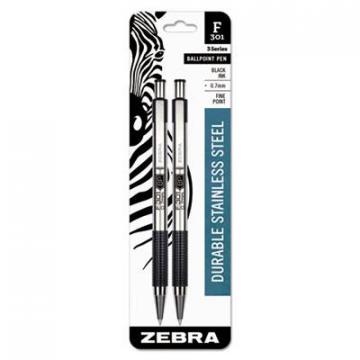Zebra F-301 Retractable Ballpoint Pen, 0.7 mm, Black Ink, Stainless Steel/Black Barrel, 2pk