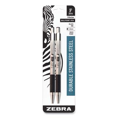 Zebra F-301 Ballpoint Pen, Retractable, Bold 1.6 mm, Black Ink, Stainless Steel/Black Barrel, 2pk