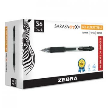 Zebra Sarasa Dry Gel X20 Retractable Gel Pen, Medium 0.7mm, Black Ink, Smoke Barrel, 36/Pack