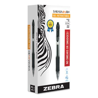 Zebra Sarasa Dry Gel X20 Retractable Gel Pen, Bold 1mm, Black Ink, Smoke Barrel, Dozen