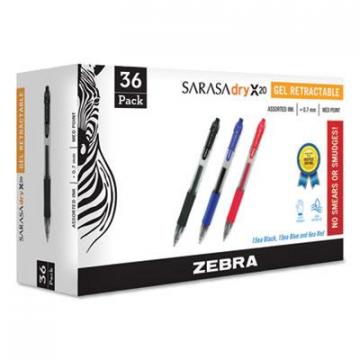Zebra Sarasa Dry Gel X20 Retractable Gel Pen, Medium 0.7mm, Assorted Ink/Barrel, 36/Pack