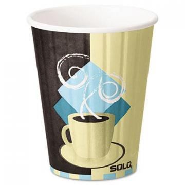 Dart Solo Duo Shield Insulated Paper Hot Cups, 12oz, Tuscan, Chocolate/Blue/Beige, 600/Ct