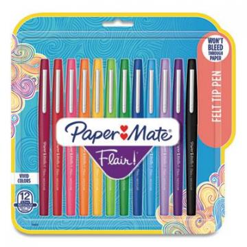 Paper Mate Point Guard Flair Stick Porous Point Pen, Medium 0.7mm, Assorted Ink/Barrel, 12/Set