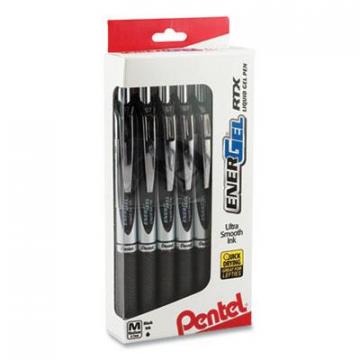 Pentel EnerGel RTX Gel Pen, Retractable, Medium 0.7 mm, Black Ink, Black/Silver Barrel, Dozen