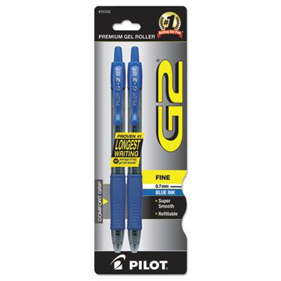 Pilot G2 Premium Retractable Gel Pen, 0.7mm, Blue Ink, Smoke Barrel, 2/Pack