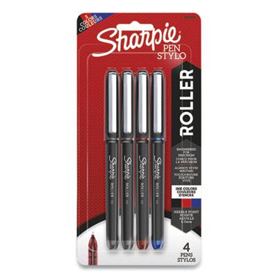 Sharpie Roller Ball Stick Pen, Fine 0.5 mm, Assorted Ink, Black Barrel, 4/Pack