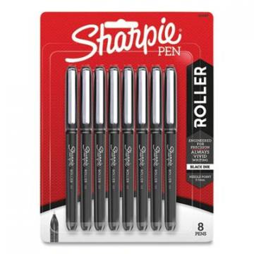 Sharpie Roller Ball Stick Pen, Fine 0.5 mm, Black Ink/Barrel, 8/Pack