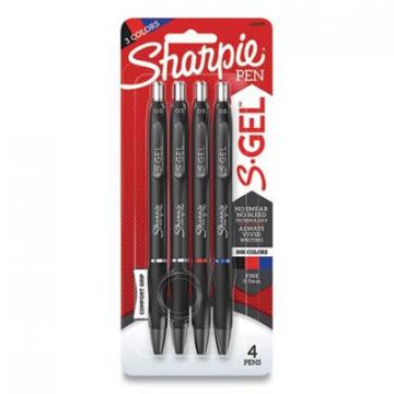 Sharpie S-Gel Retractable Gel Pen, Fine 0.5 mm, Assorted Ink, Black Barrel, 4/Pack