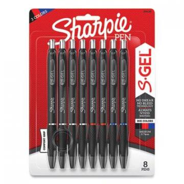 Sharpie S-Gel Retractable Gel Pen, Medium 0.7 mm, Assorted Ink, Black Barrel, 8/Pack