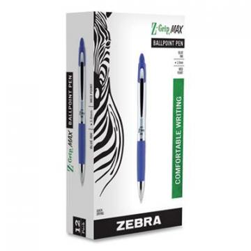 Zebra Z-Grip MAX Retractable Ballpoint Pen, Medium 1mm, Blue Ink, Silver Barrel, Dozen