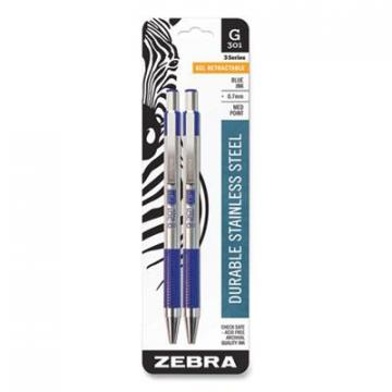 Zebra G-301 Retractable Gel Pen, Medium 0.7 mm, Blue Ink, Stainless Steel/Blue Barrel, 2/Pack