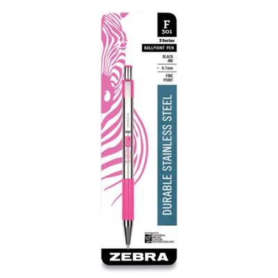 Zebra F-301 BCA Retractable Ballpoint Pen, Fine 0.7 mm, Black Ink, Stainless Steel/Pink Barrel