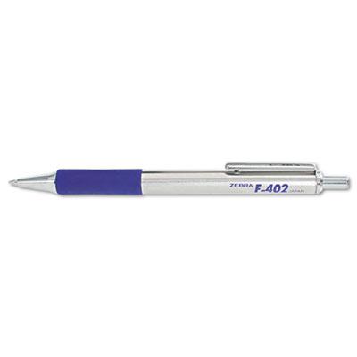Zebra F-402 Retractable Ballpoint Pen, 0.7mm, Blue Ink, Stainless Steel/Blue Barrel