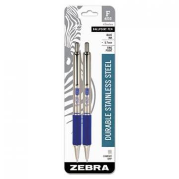 Zebra F-402 Retractable Ballpoint Pen, 0.7mm, Blue Ink, Stainless Steel/Blue Barrel, 2/Pack