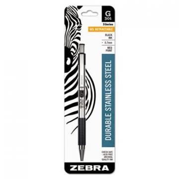 Zebra G-301 Retractable Gel Pen, Medium 0.7 mm, Black Ink, Stainless Steel/Black Barrel