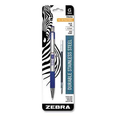 Zebra G-301 Retractable Gel Pen, Medium 0.7 mm, Blue Ink, Stainless Steel/Blue Barrel