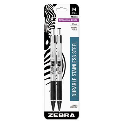 Zebra M-301 Mechanical Pencil, 0.5 mm, HB (#2.5), Black Lead, Steel/Black Accents Barrel, 2/Pack